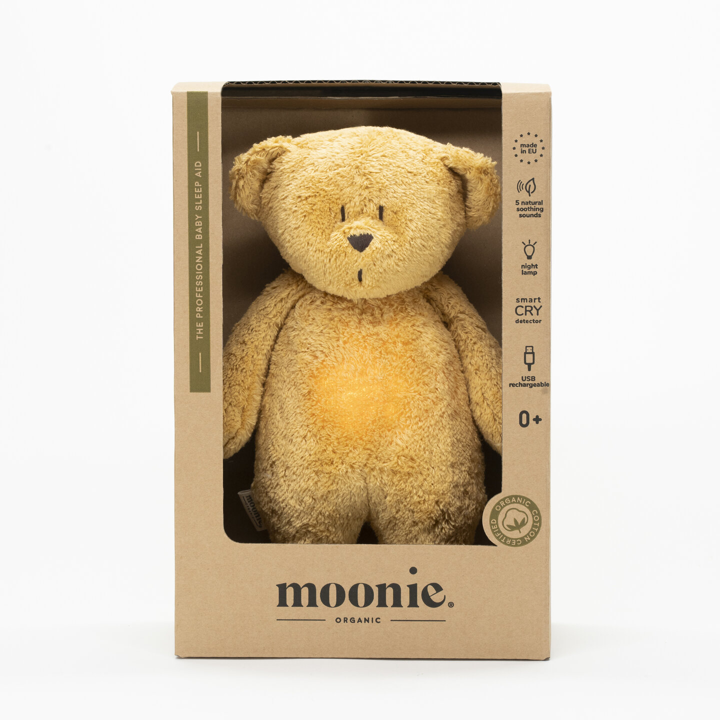 Moonie - The Humming Bear Honey Natur heeft 5 kalmerende geluiden en LED lichtjes in 7 kleuren
